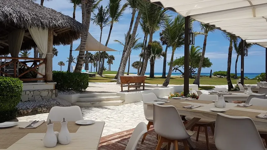 A serene outdoor dining area featuring white tables and chairs, surrounded by lush palm trees, with a view of the ocean and a thatched-roof structure in the background on a sunny day.